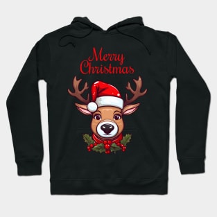 The festive Doe with Christmas Santa red hat and long antlers Hoodie